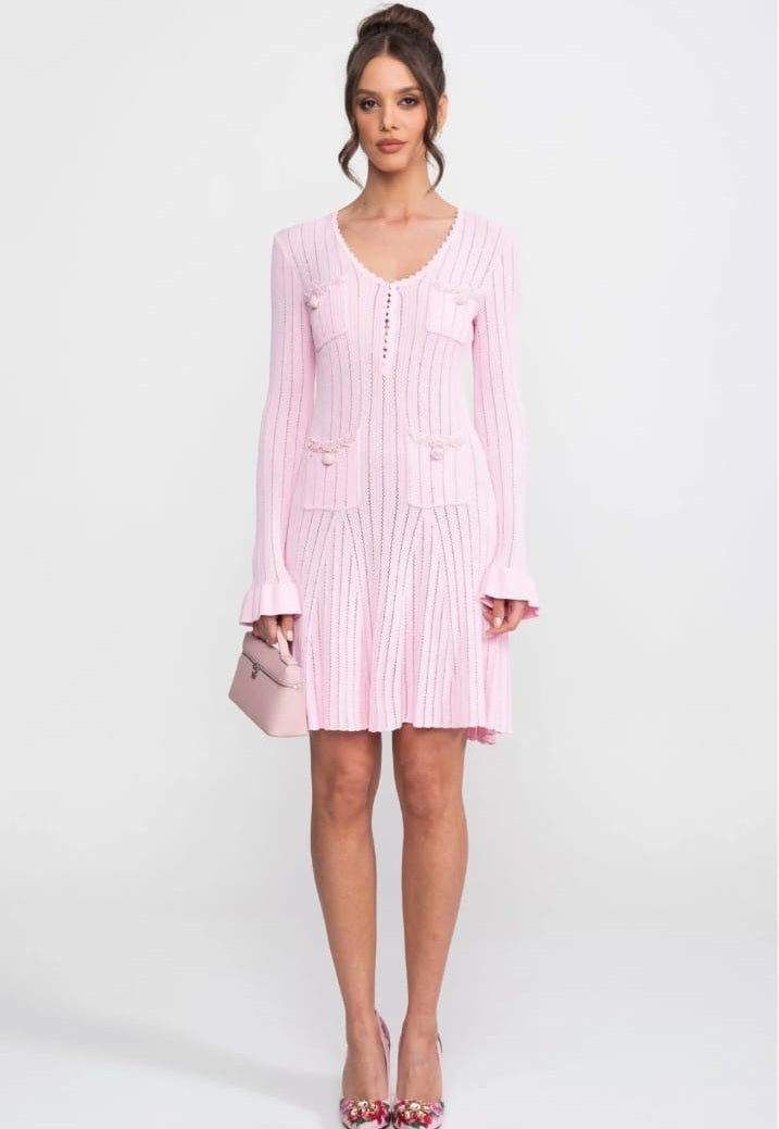 Short openwork knit dress with scalloped collar and ruffled cuffs - Pink