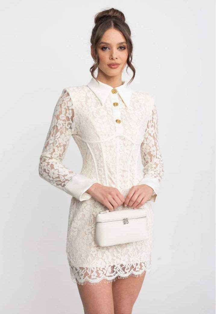 Long Sleeved Lace Mini Dress With Scallop Hem - Ivoire