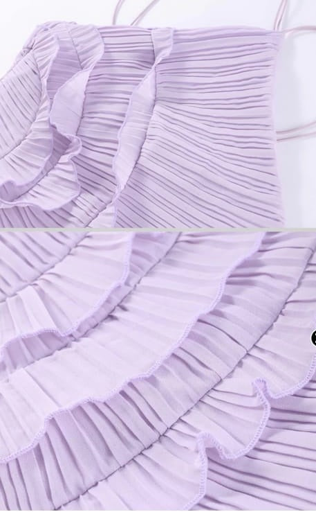 Pleated Halter Midi Dress With Cascading Ruffle Details - Lavender