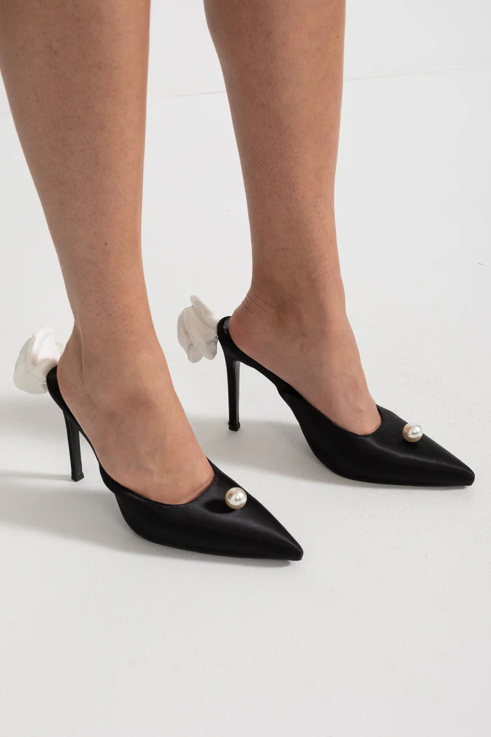Satin Slingback Heels with Pearl and Organza Flower Detail - Black
