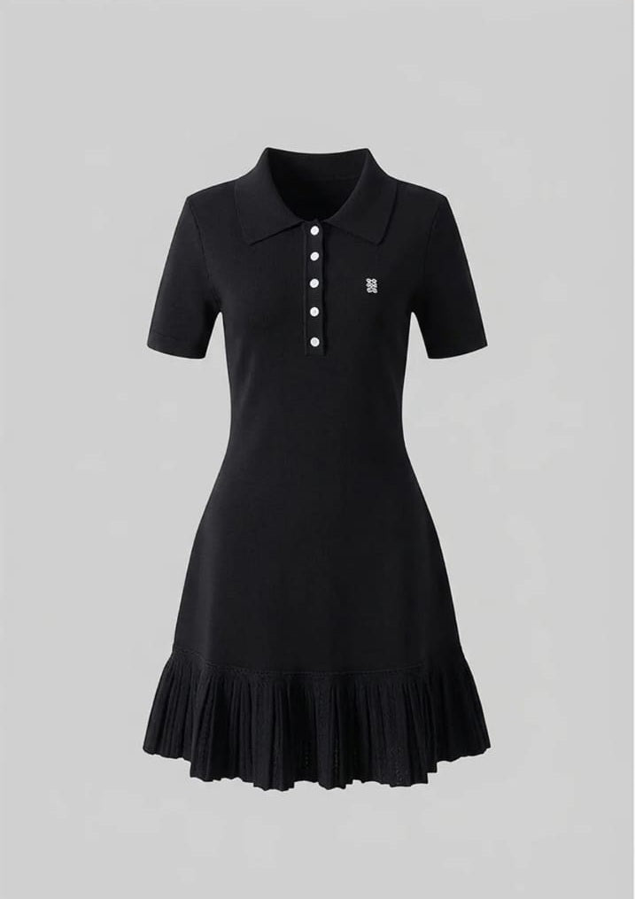 Short Sleeve Polo Mini Dress With Pleated Ruffle Hem - Black