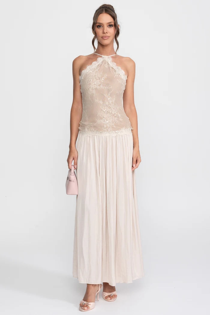 Lace Halter Sleeveless Maxi Dress With Pleated Skirt - Cream