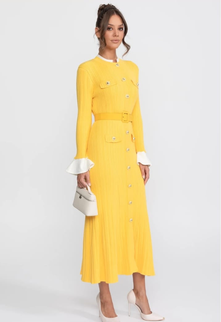 Ribbed Knit Belted Midi Dress With White Cuffs And Collar - Yellow