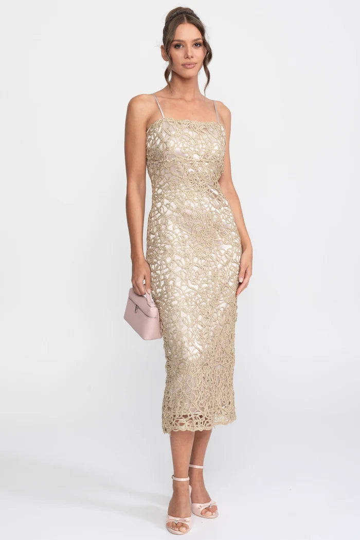 Metallic Lace Sheath Dress With Square Neck - Gold