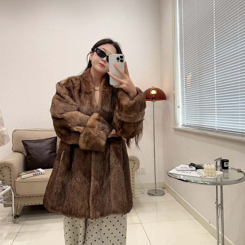 V-neck roll-up sleeve rabbit  mid-length fur coat