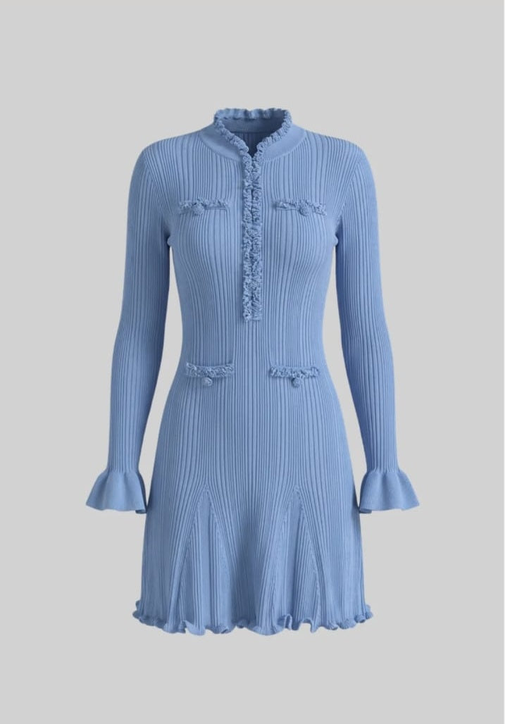 Ribbed Knit Mini Dress Trim Detailing - Blue