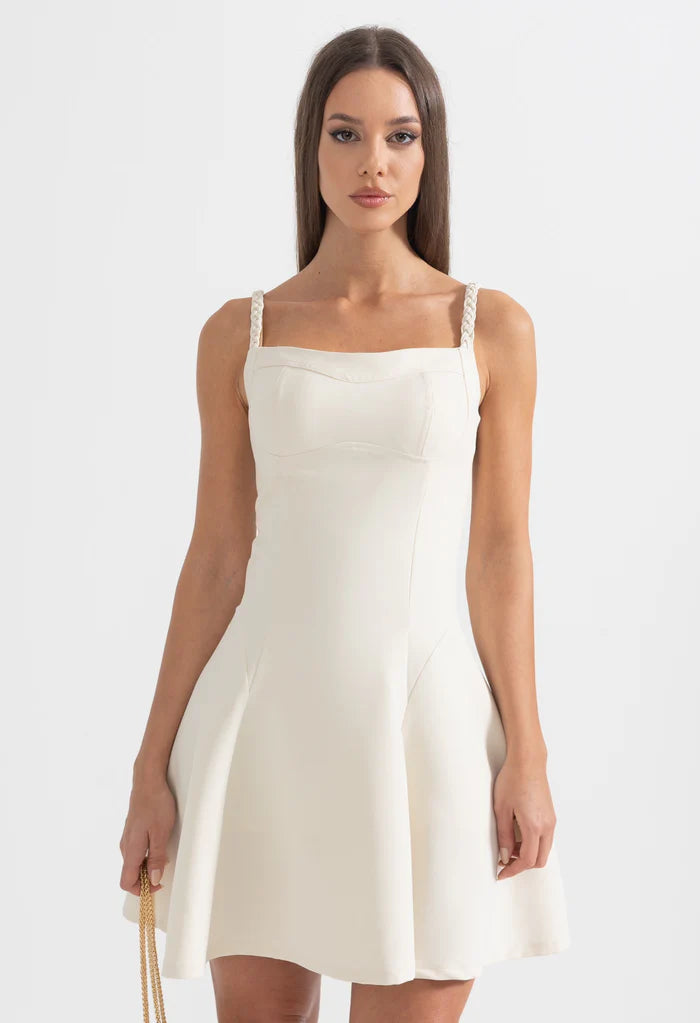 Silhouette Mini Dress With Flared Hemline And Braided Straps - Ivoire