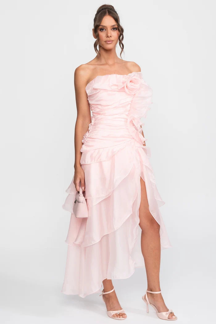 Strapless Rosette Petal Dress With 3D Floral Embellishments - Pink