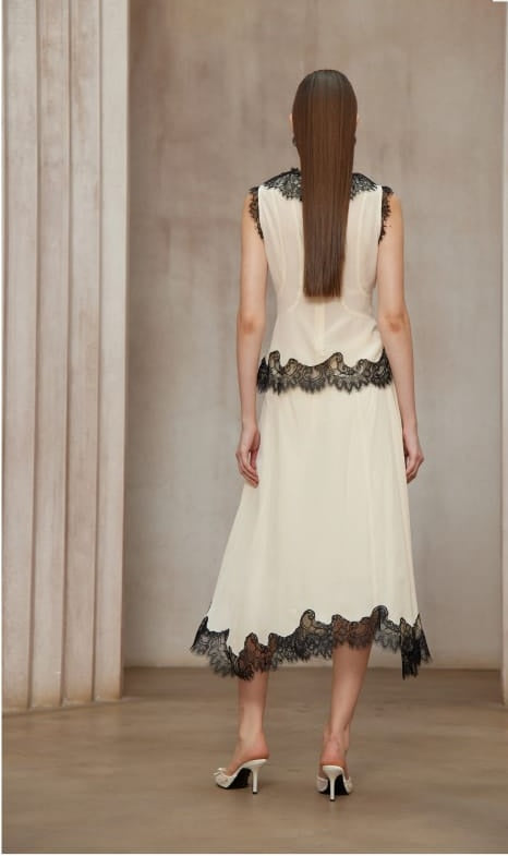 Zsófia Neutral Lace Panel Chiffon Top & Skirt Matching Set
