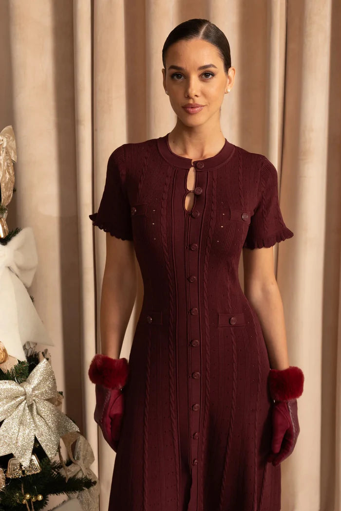 Knit Button-Front Midi Dress with Scalloped Sleeves – Burgundy