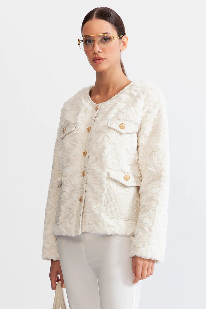 Fluffy Jacket with Gold Buttons - White