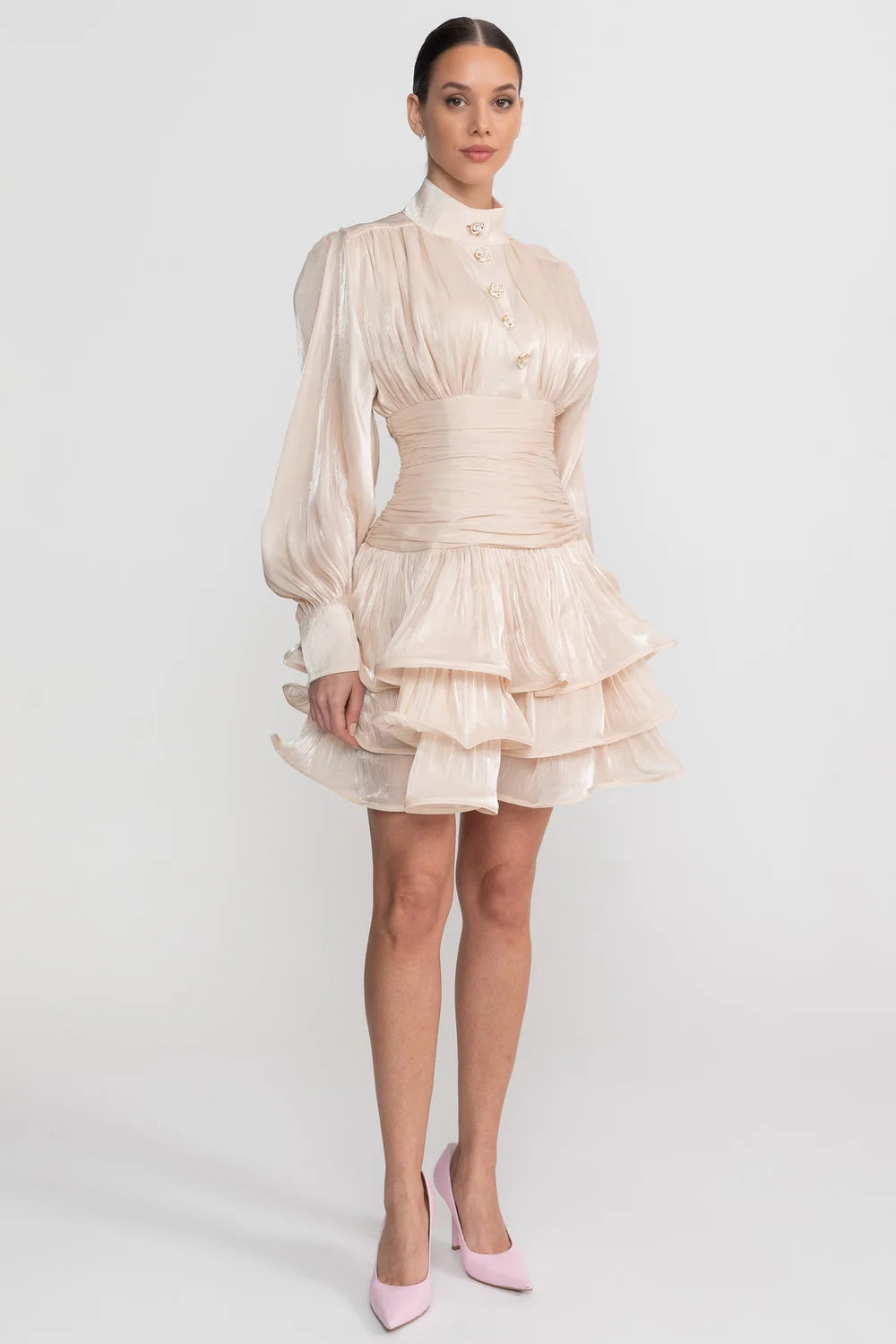Draped Long Sleeve Mini Dress With Tiered Ruffle Skirt - Champagne