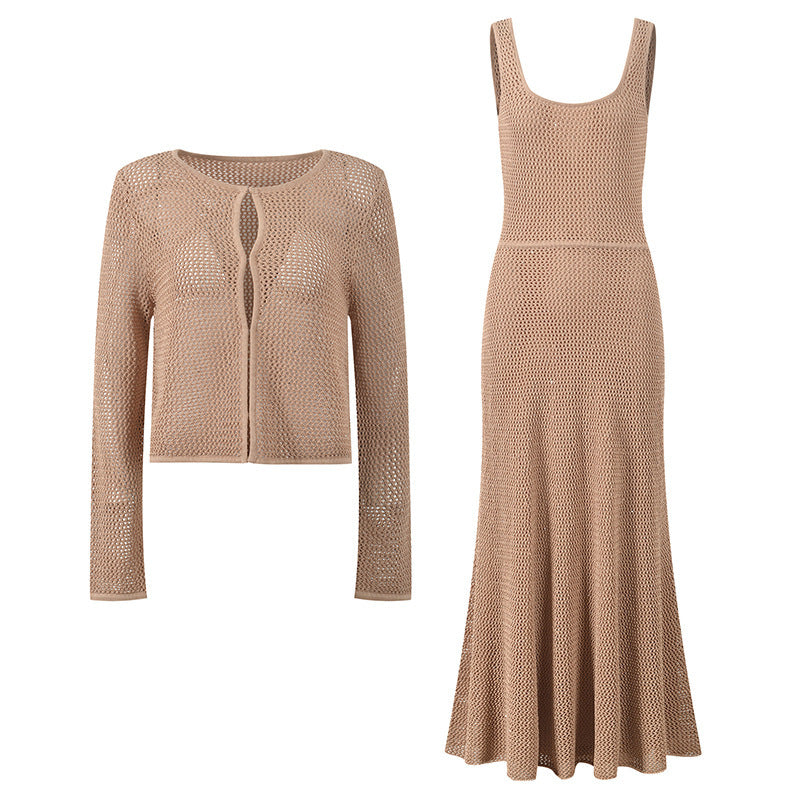Hollow Out Round Neck Slim Fit Knitted Cardigan + Slip Dress Set