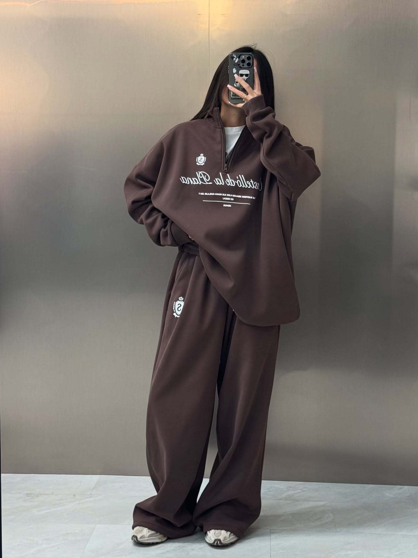 Half-zipper letter long-sleeved trousers two-piece set
