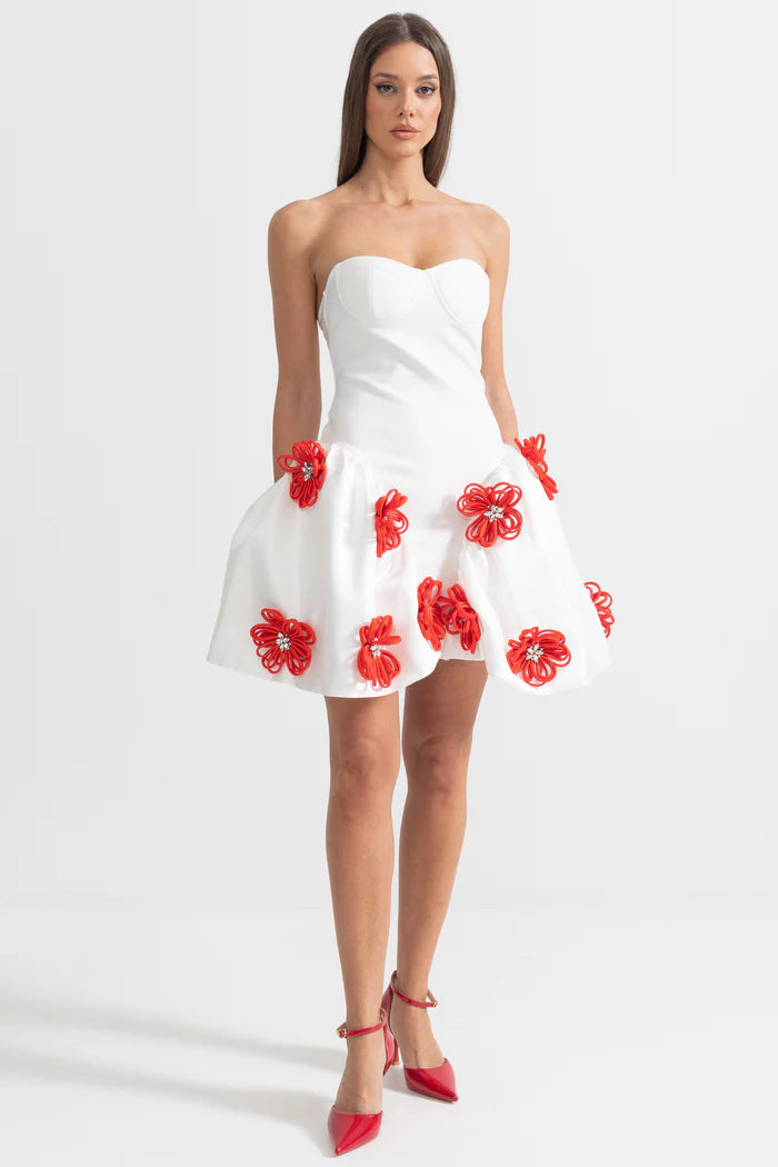 Elegant Mini Dress With 3D Silver Flower Embellishments - White