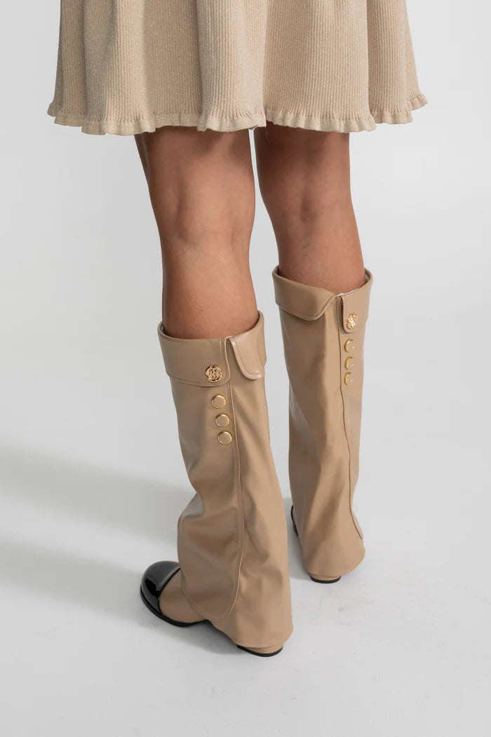 Folded Knee-High Boots With Patent Cap Toe – Beige