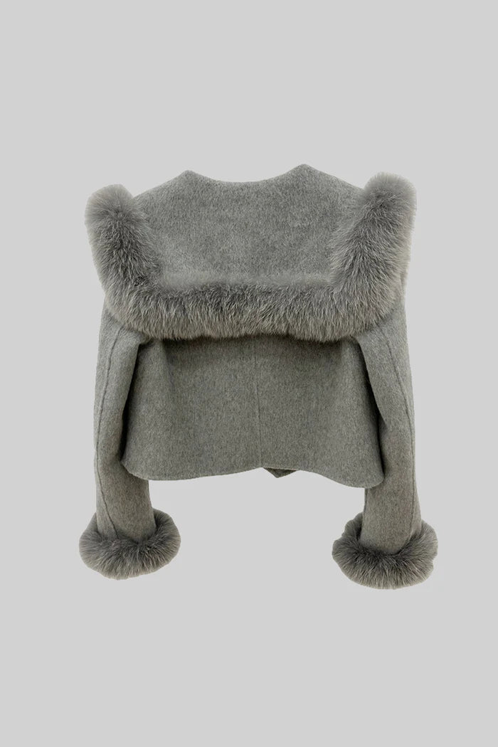 Double Breasted Cropped Jacket With Fur Collar Embellishment - Gray