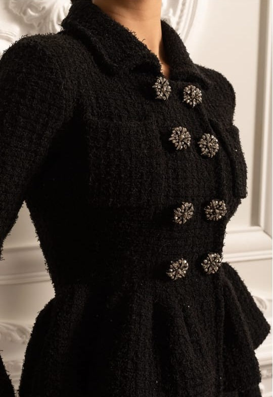 Knitted Textured Dress With Peplum Waist And Decorative Buttons - Black