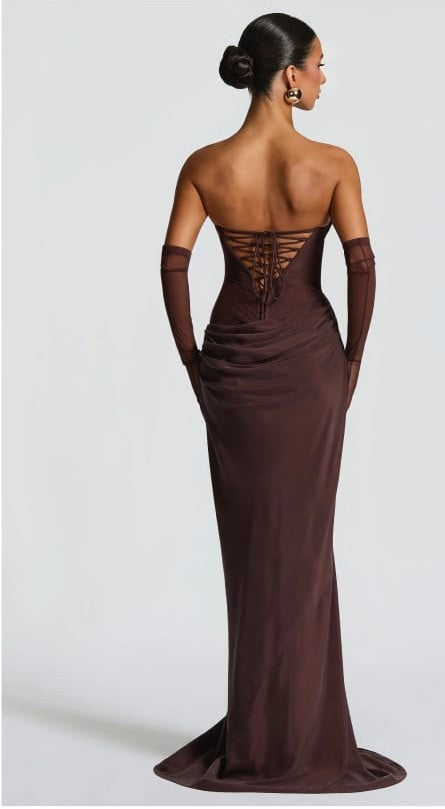 Vedette Brown Ruched Corset Maxi Dress