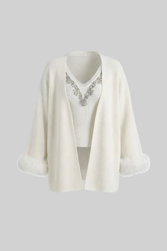Knit Two Piece Set With Crystal Embellishments And Trim Cuffs - White