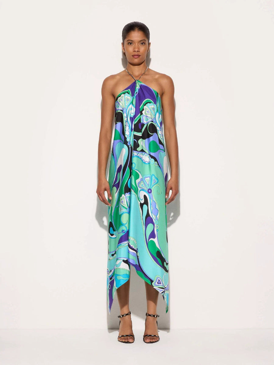 Printed Halter Neck Long Dress Irregular Dress