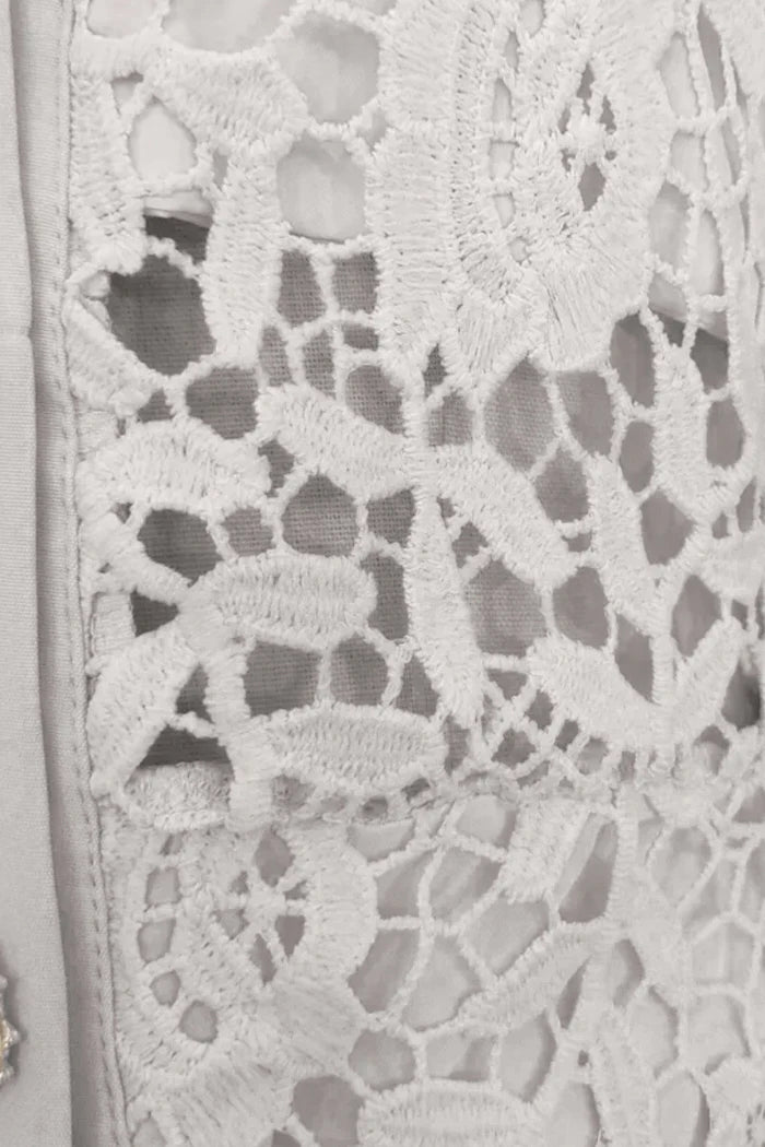 Lace Mini Dress with Contrast Collar and Jewel Buttons - Ivoire