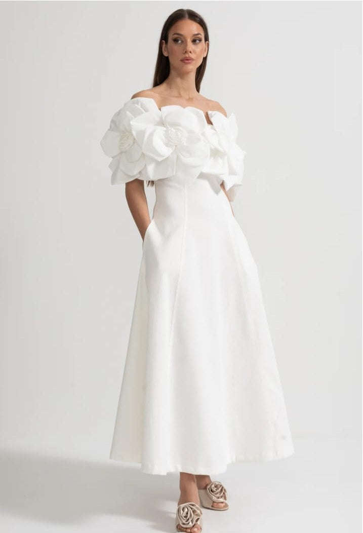 Off-Shoulder Midi Dress With Large Fabric Floral Accents - White