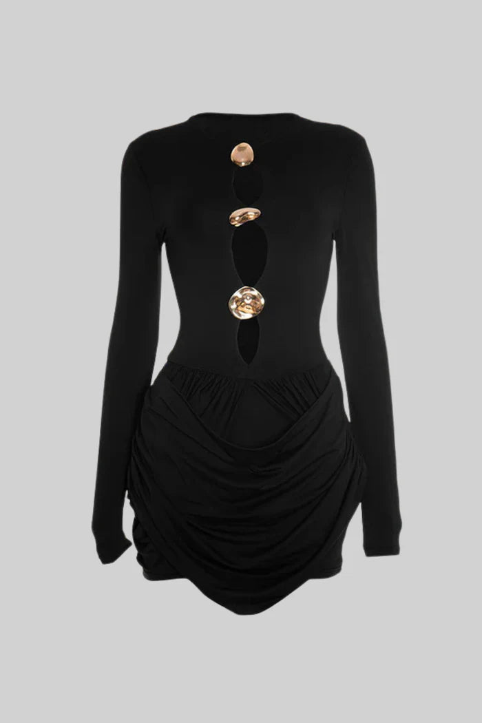 Draped Cut-Out Mini Dress With Sculptural Buttons – Black