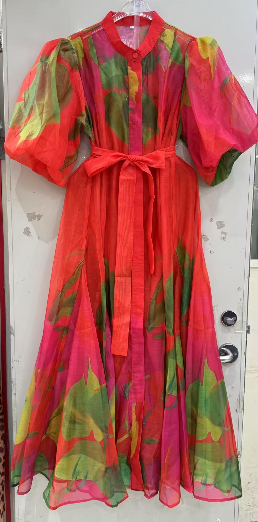 Puff Sleeve Vintage    Loose Fit with Belt maxi dress -Black