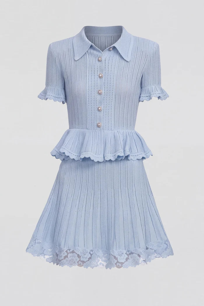Polo-Collar with Button Top and Mini Skirt Set - Blue