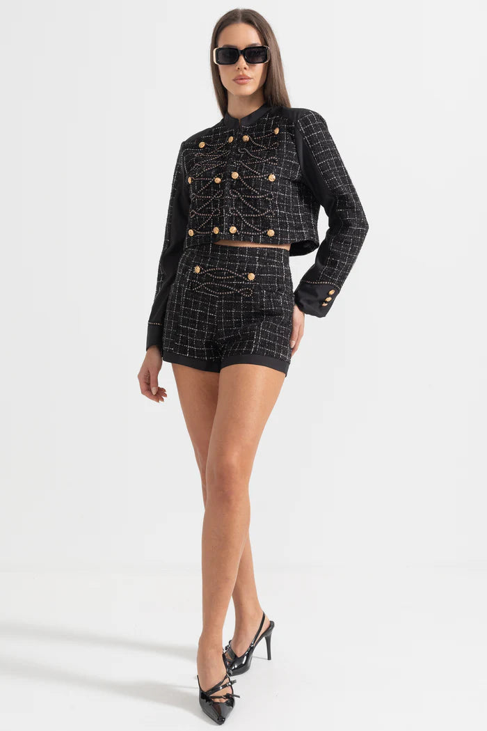 Two Piece Tweed Ensemble With Square Pattern And Gold Details - Black