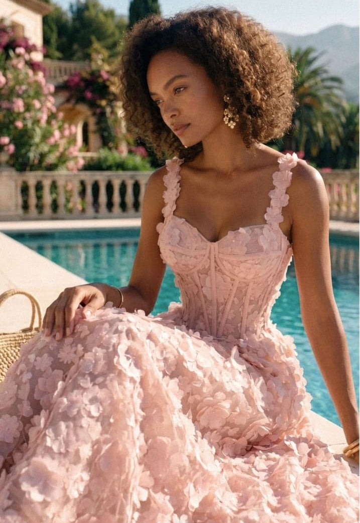 Long dress with floral appliqués with corseted bustier - Pink