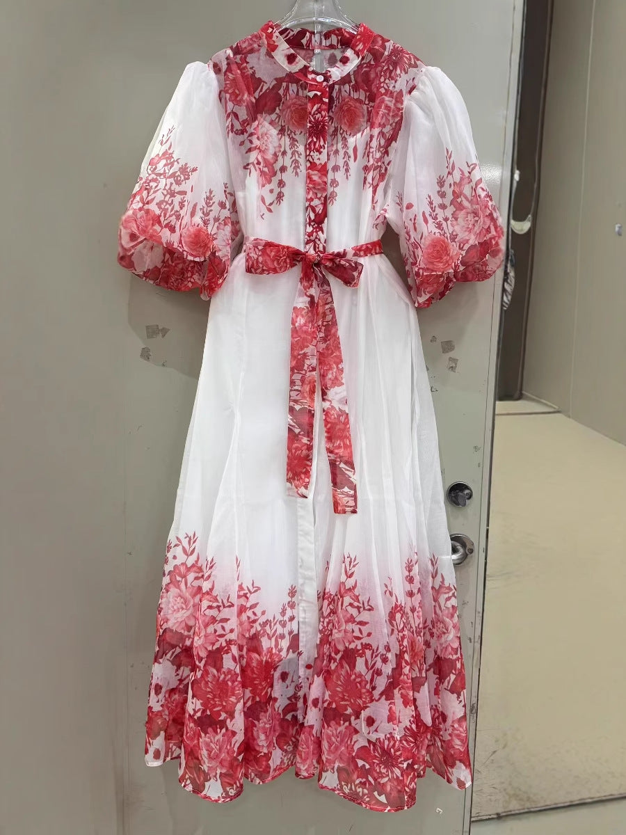 Puff Sleeve Vintage Blue Printed   Loose Fit with Belt