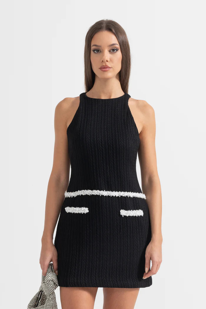 Elegant Sleeveless Textured Mini Dress- Black