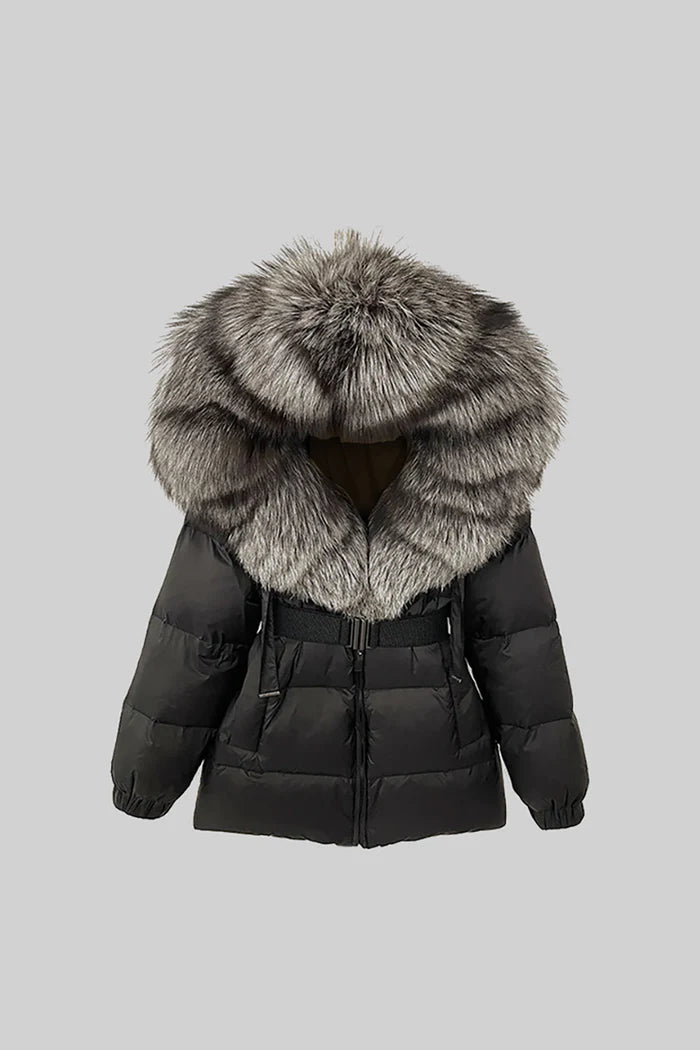 Puffer Jacket With Waistbelt And Gray Fox Fur-Lined Hood - Black