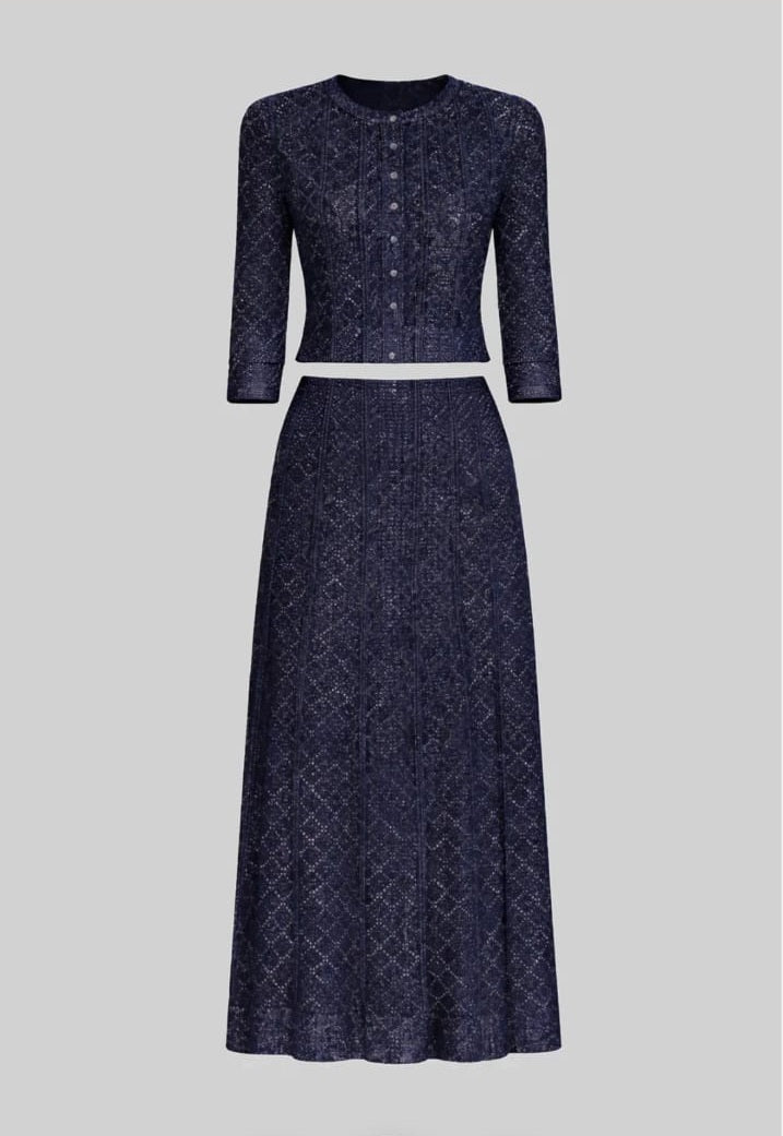 Long-Sleeve Diamond-Pattern Lace Co-Ord Set With Maxi Skirt - Navy