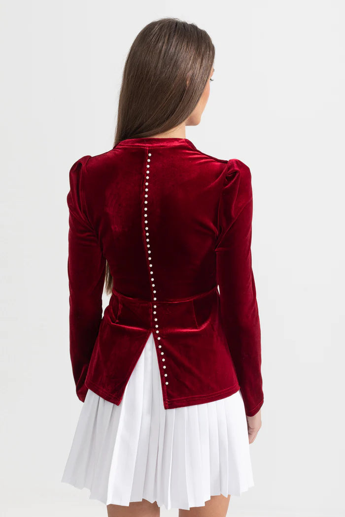 Two-Piece Velvet Ensemble With Contrasting Pleated Skirt - Red
