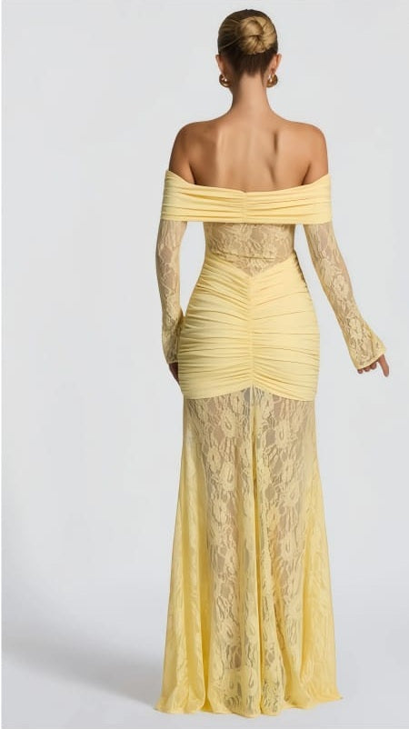 Brigitte Yellow Lace Panel Ruched Maxi Dress
