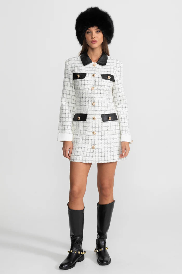 Long Sleeve Tweed Mini Dress With Contrasting Leather Details – White And Black