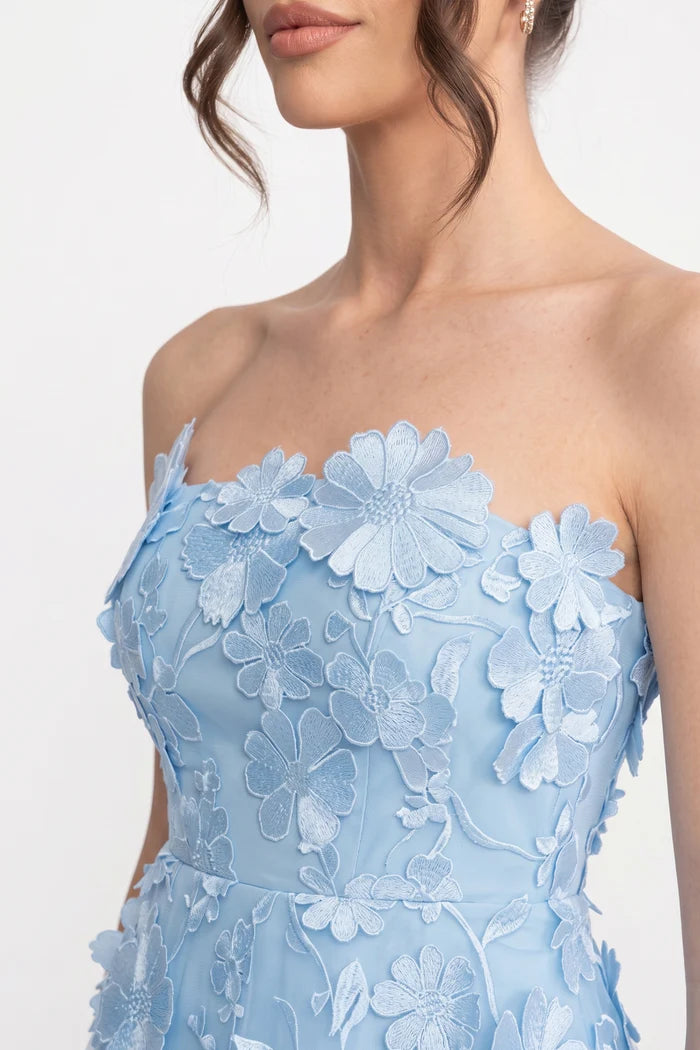 Robe transparente en couches avec taille ajustée et applications florales - bleu clair