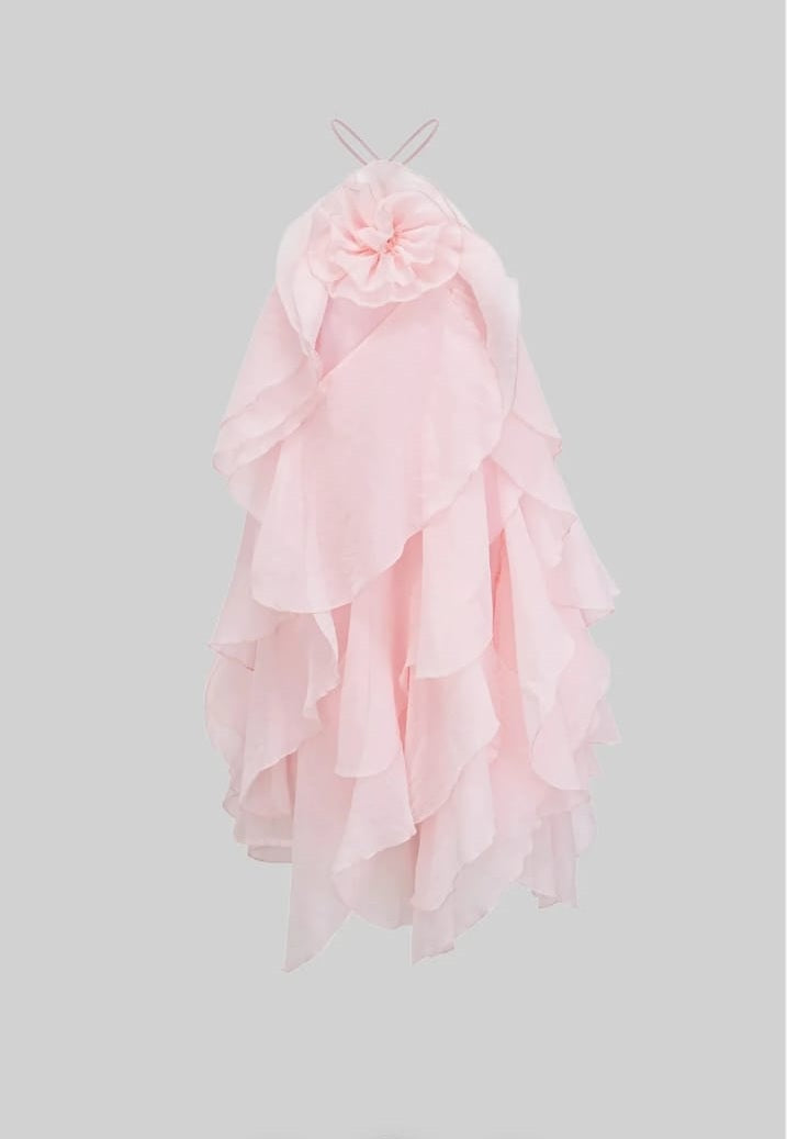 Tiered Ruffle Mini Dress With 3D Floral Halter Neck - Pink