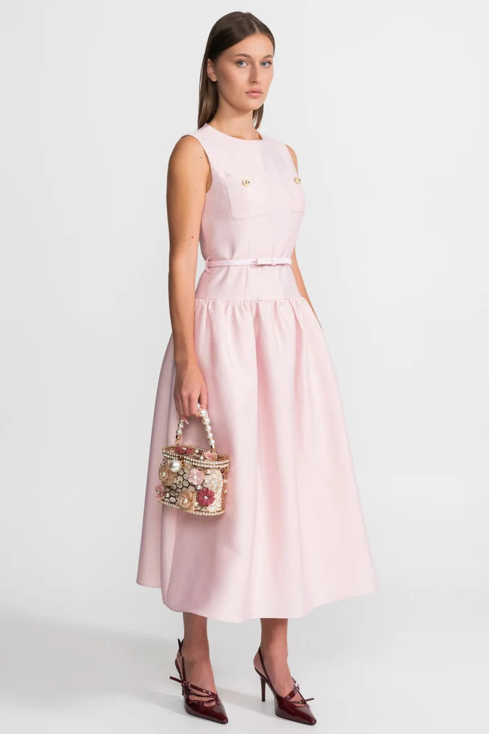 Sleeveless Midi Dress With Belted Waist And Front Pockets – Blush Pink