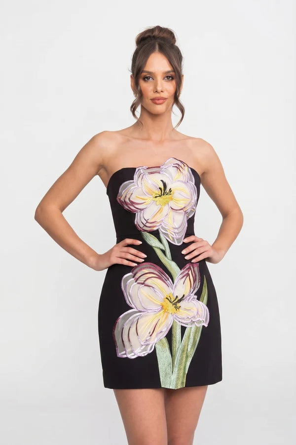 Strapless Mini Dress With 3D Iris Floral Appliqué - Black