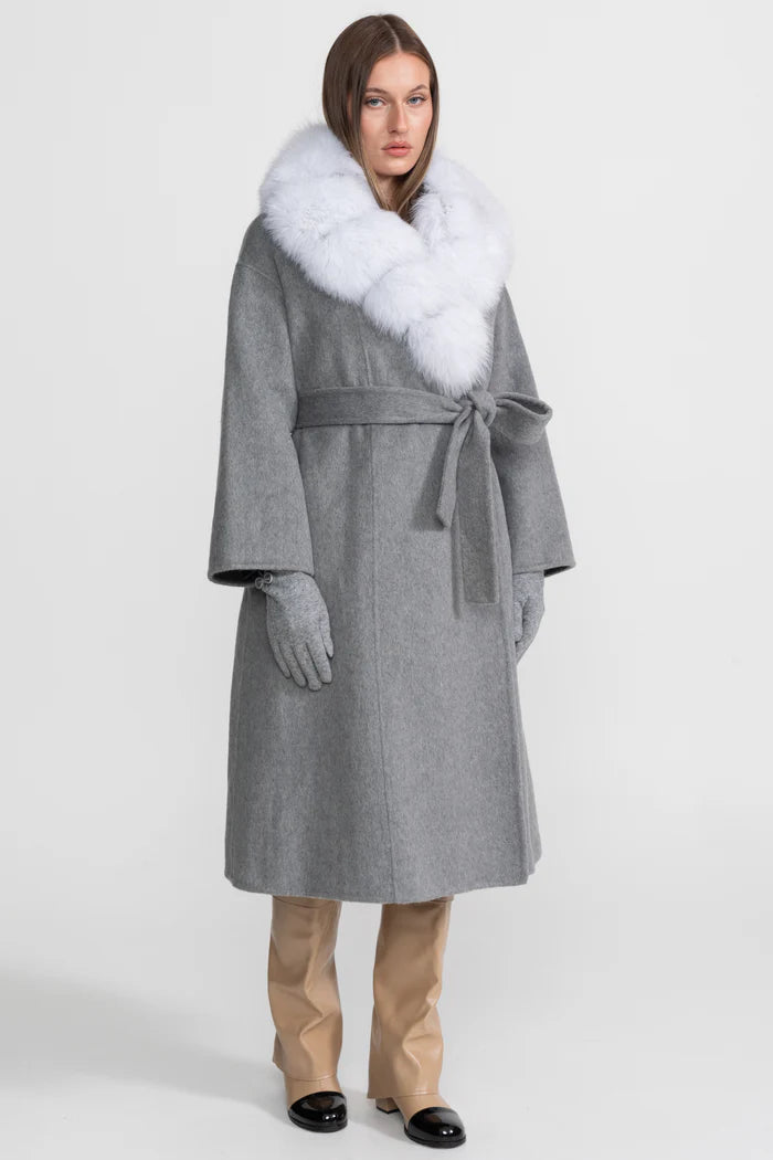 Wool Wrap Coat with Fox Fur Collar And Tie Belt – Gray