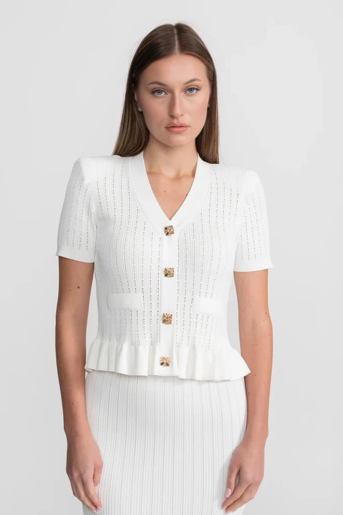 Knit Midi Co-Ord with Peplum Waist and Gold Buttons – White