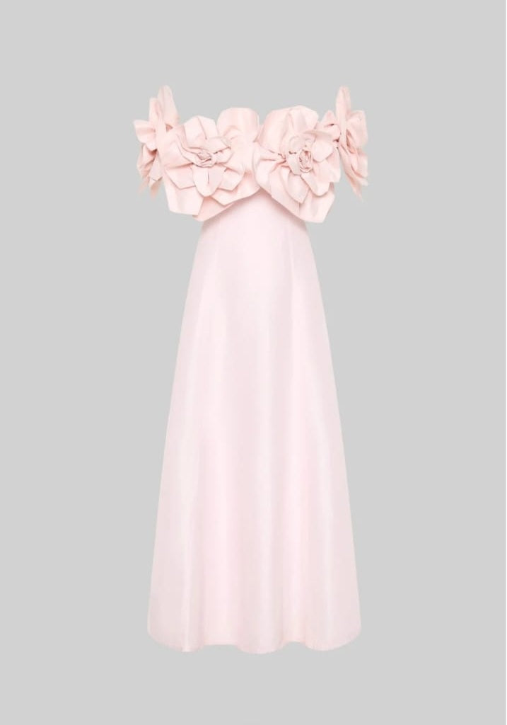 Off-Shoulder Midi Dress With Large Fabric Floral Accents - Pink