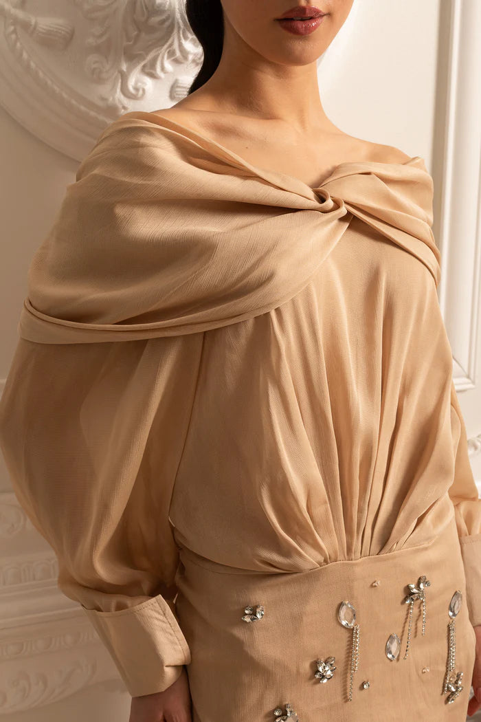 Off-Shoulder Draping Dress With Long Sleeves And Sparkling Embellishments - Beige