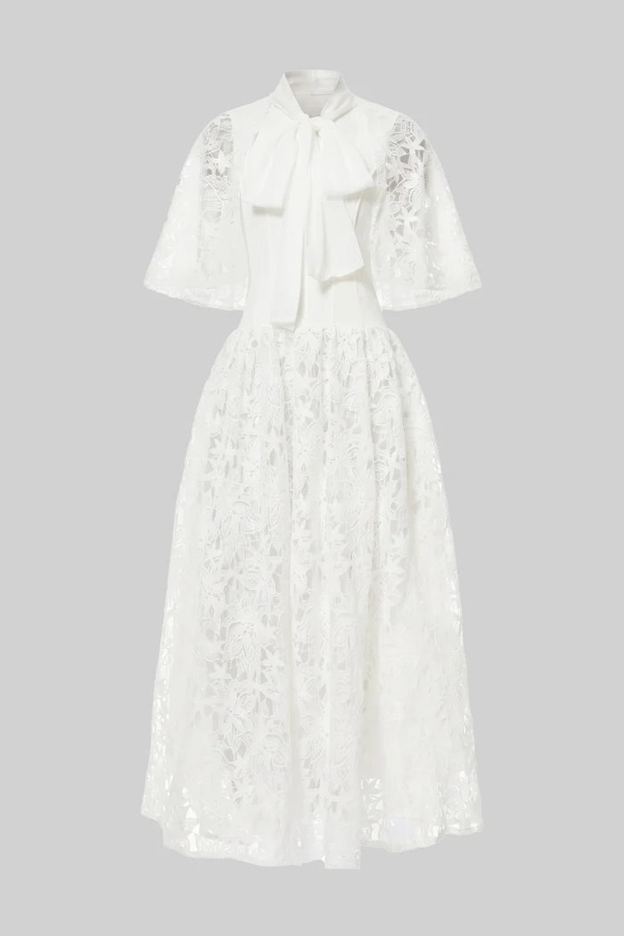 Short-Sleeve Floral Lace Maxi Dress With 3D Bow Detail - White