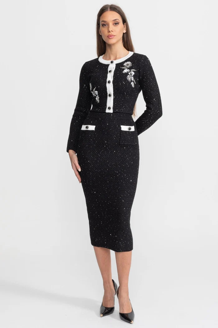 Embroidered Tweed Knit Co-Ord Set with Contrast Trim – Black