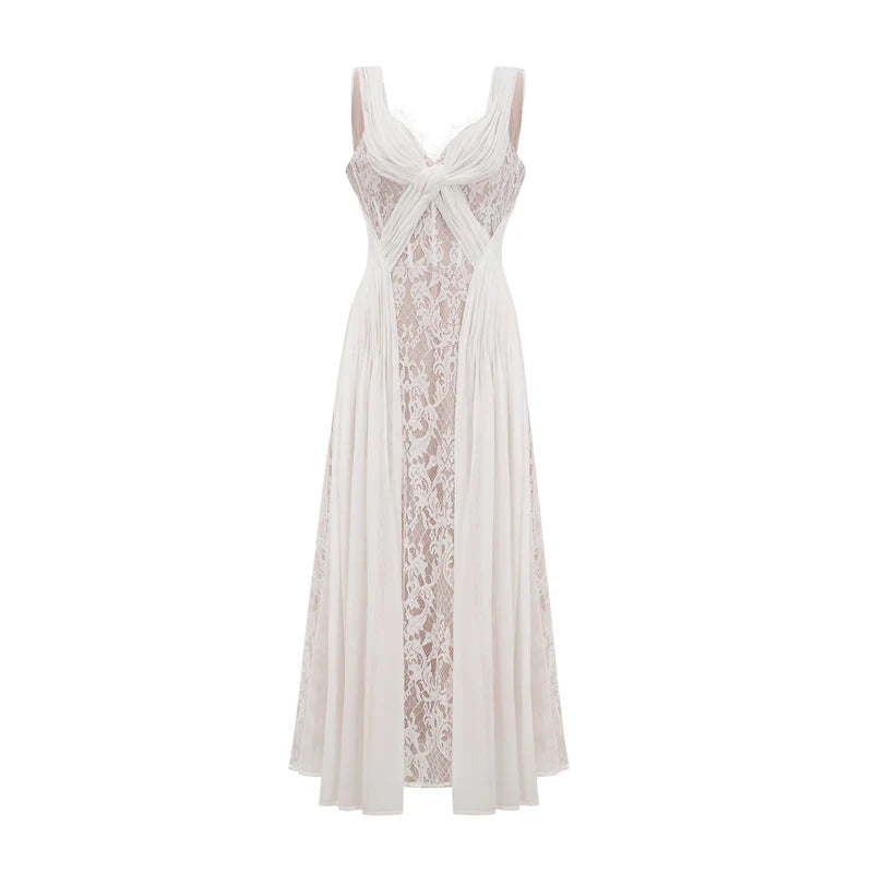 Robe maxi plissée en dentelle blanche Arantxa